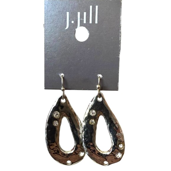J. Jill Hammered Teardrop Cutout Earrings Silver Tone Crystal Dangle Boho Chic - Picture 2 of 10